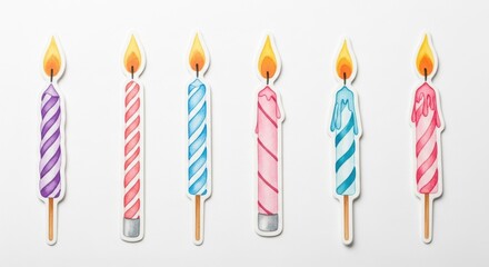 Watercolor Cake Candles Colorful Set Decorative Element Festive Birthday Isolated White Background Cut Out Lighting
