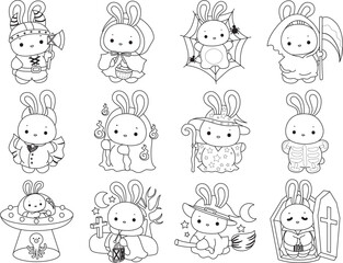 Outline of Illustration of cute bunny icon.
Lineart of Funny rabbit in daily activities elements.