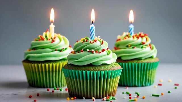 A green cupcake with sprinkles and a lit birthday candle against a white grey background.