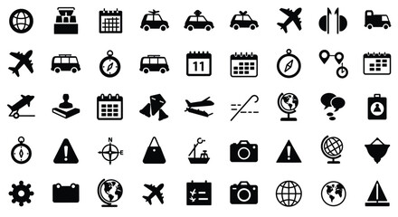This travel icon vector set offers a black silhouette collection of isolated web symbols 