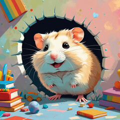 Whimsical AI-Generated Illustration of Happy Hamster Peeking Around the Corner for Kids' Room Decor