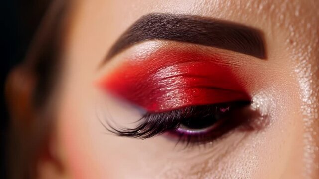 Professional makeup artist applying vibrant red eyeshadow on woman eye with dramatic black eyelashes. Eye opens and closes showing transformation