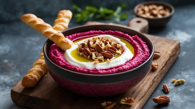 Vegan-friendly beet hummus and flaky puff pastry breadsticks displayed on a wooden rustic board