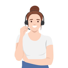 Woman with a headset and microphone represents a helpful and professional customer service agent. Flat vector illustration isolated on white background