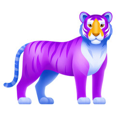 Fototapeta premium Colorful Cartoon Tiger with Creative Purple Fur and Blue Stripes, isolated on transparent background.