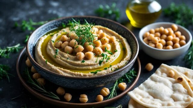 Homemade hummus served with boiled chickpeas, herbs, pita, and olive oil.