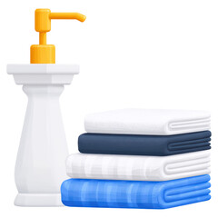 Soap dispenser and stacked towels in a clean bathroom setting, isolated on transparent background.
