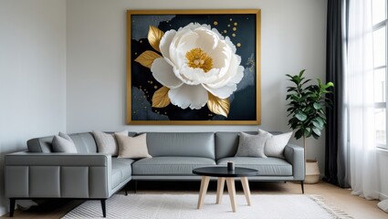 Large framed floral art piece on a gray sectional sofa in a modern living room