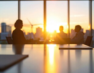 Silhouetted business meeting at sunset in modern office setting
