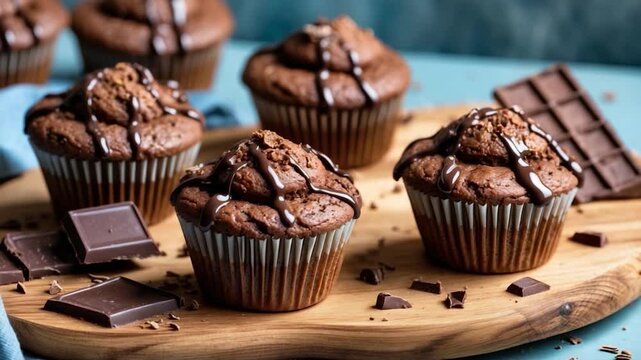 Chocolate muffins with zucchini and a chocolate glaze are served on a wooden board, complemented by a slice of chocolate.