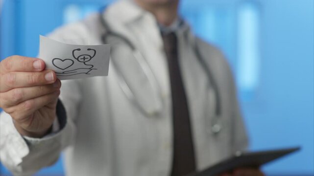 Doctor using a tablet with a healthcare icon appearing on a sticky note, symbolizing expert medical care and innovative technology in modern healthcare