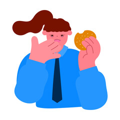 businesswoman enjoying a burger during lunch break, work-life balance and casual office lifestyle concept