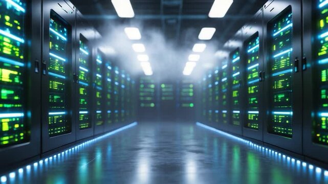 Data processing over server room illustration emphasizing technology, business, and digital interface theme - Powered by Adobe
