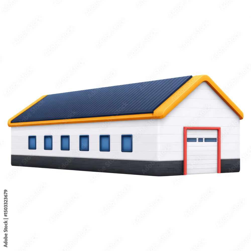 Poster modern building with colorful roof design and large windows, isolated on transparent background.