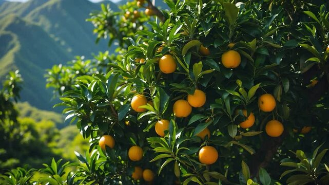 Mountainous island with a citrus tree orchard and fruits