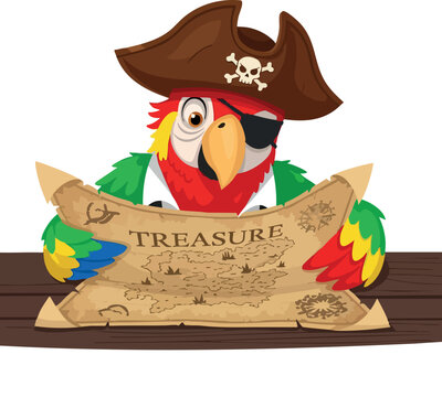 recommend clip art: Pirate parrot holding treasure map in colorful feathers and eye patch vector illustration 