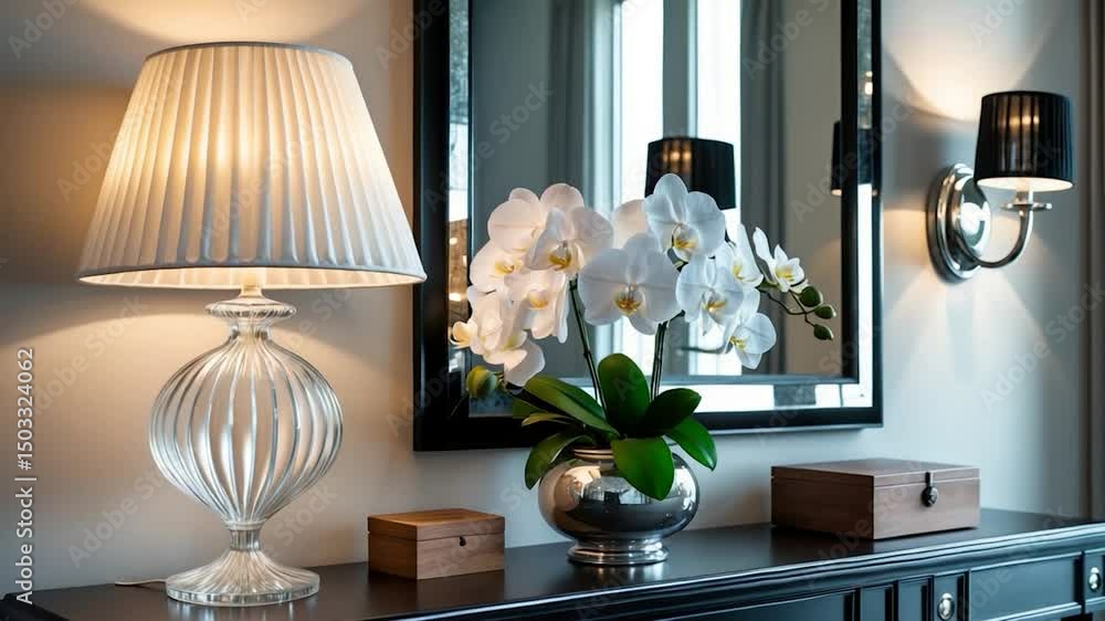Poster vase with orchids and a lamp atop a table. elegant interior design with a console table and mirror. 