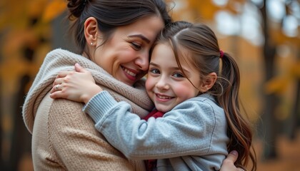 Fototapeta premium Heartwarming Embrace Between Mother and Daughter in Autumn Forest with Colorful Leaves Surrounding Them