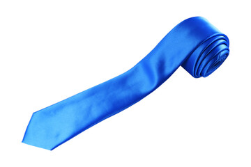 plain fabric blue tie rolled on white background closeup view 