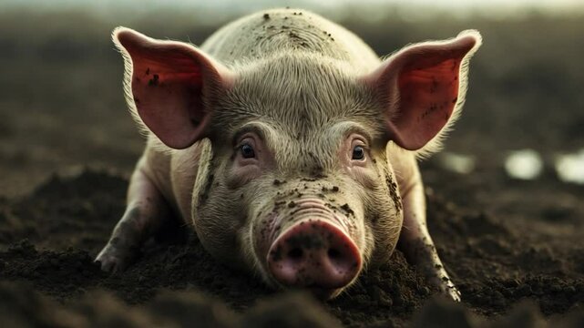 Large pig lying in muddy earth with a peaceful look.