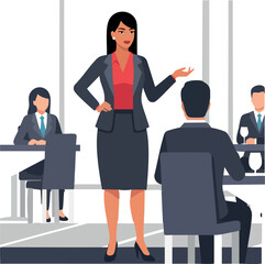Businesswoman presenting in meeting room with colleagues in professional office environment 
