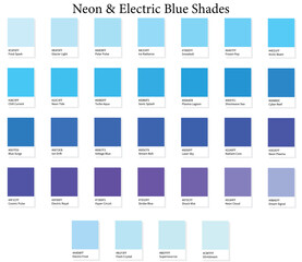 32 Neon and Electric Bright Blue Shades Color Swatches - 3d Vibrant Blues Tones - with HEX Codes and Names, Colour Palette, Scheme and Gradient