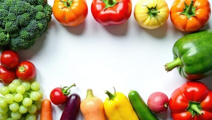 Variety of organic fruits & vegetables on white, simple, vegan