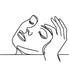 Simple line art of a woman's face with hand touching head  