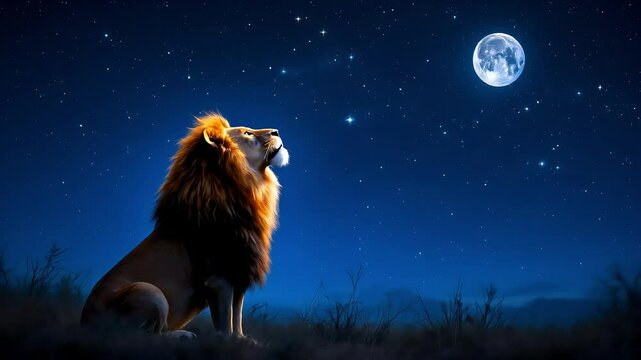 A lion is seeing the full moon in the night