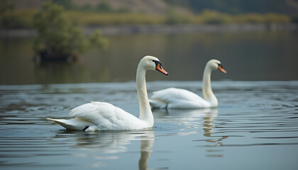 Fototapeta premium Two graceful swans gliding serenely across calm lake waters in natural outdoor habitat