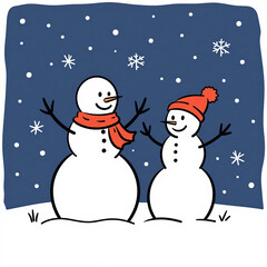 Fototapeta premium Two cheerful snowmen, one wearing a red hat and scarf, stand in a snowy setting while snowflakes fall around them