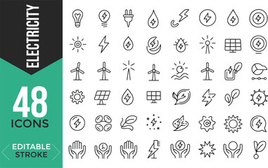 Energy & Electricity Outline Icon Set – Vector Illustration with Editable Stroke


