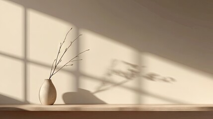 Light-filled still life with a vase and branches.