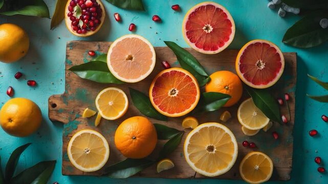 Vibrantly sliced tropical and citrus fruits combined with foliage on a tabletop for a cheerful presentation.
