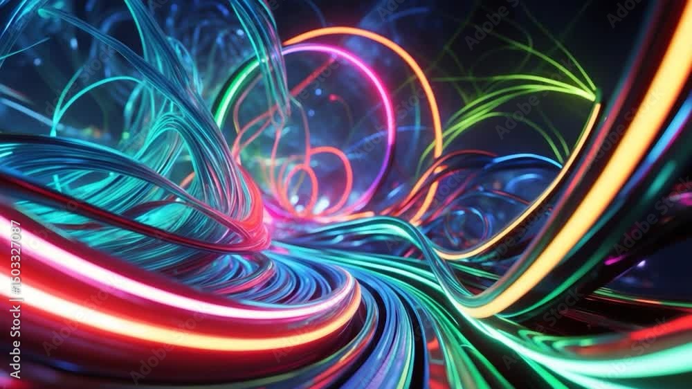 Poster neon led illumination with motion flow elements in a futuristic abstract background