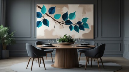 Teal leaves on branch art in dining room