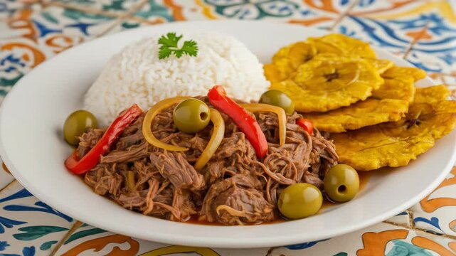 Traditional Cuban Ropa Vieja shredded beef stew served with white rice tostones and green olives