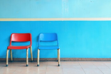 Colorful chairs by a blue wall