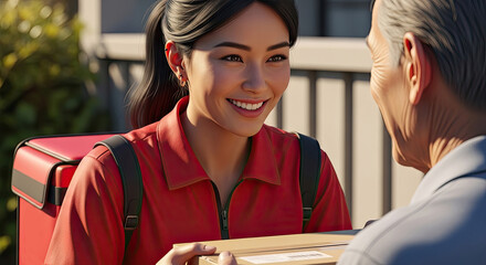 Friendly courier delivers package happy customer smiles brightly excellent service guaranteed