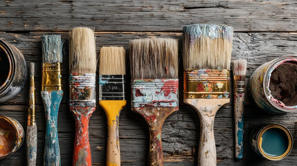 A row of paintbrushes and paint cans on a table
