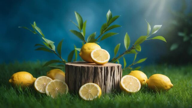 A creative promotional scene showcasing a natural theme with fresh lemons and slices on a wooden podium, set against a background and grass, accented by leafy branches.