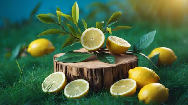 On a blue background with green grass, fresh lemons and lemon slices displayed on a wooden pedestal alongside leafy branches. An artistic promotional arrangement highlighting a natural theme.