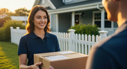 Friendly courier delivers package happy customer smiles brightly excellent service guaranteed