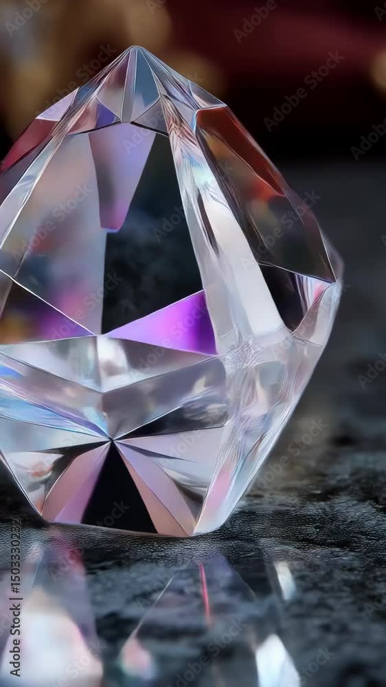 Poster macro shot showcasing a faceted crystal object with iridescent reflections on a textured dark surfac