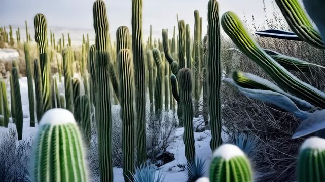 Lush cactus garden landscape with tall green plants and succulents under soft daylight for natural scenery and botany concept.