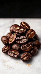 Fototapeta premium Portrait Shot of Dark Roasted Coffee Beans on White Marble with Edible Gold Veining