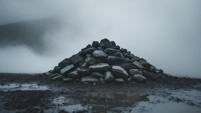 Pile of stones on the moist ground surrounded by mist.