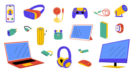 Bright collection of electronic gadgets. Vector illustration of various digital devices for technology and electronics themes