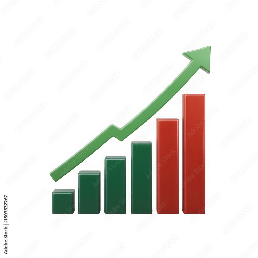 Poster 3d green and red bar graph showing growth isolated on transparent background