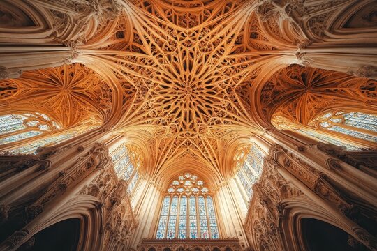 Stunning Gothic architecture features intricate ceiling design and colorful stained glass windows in a historic cathedral - Powered by Adobe